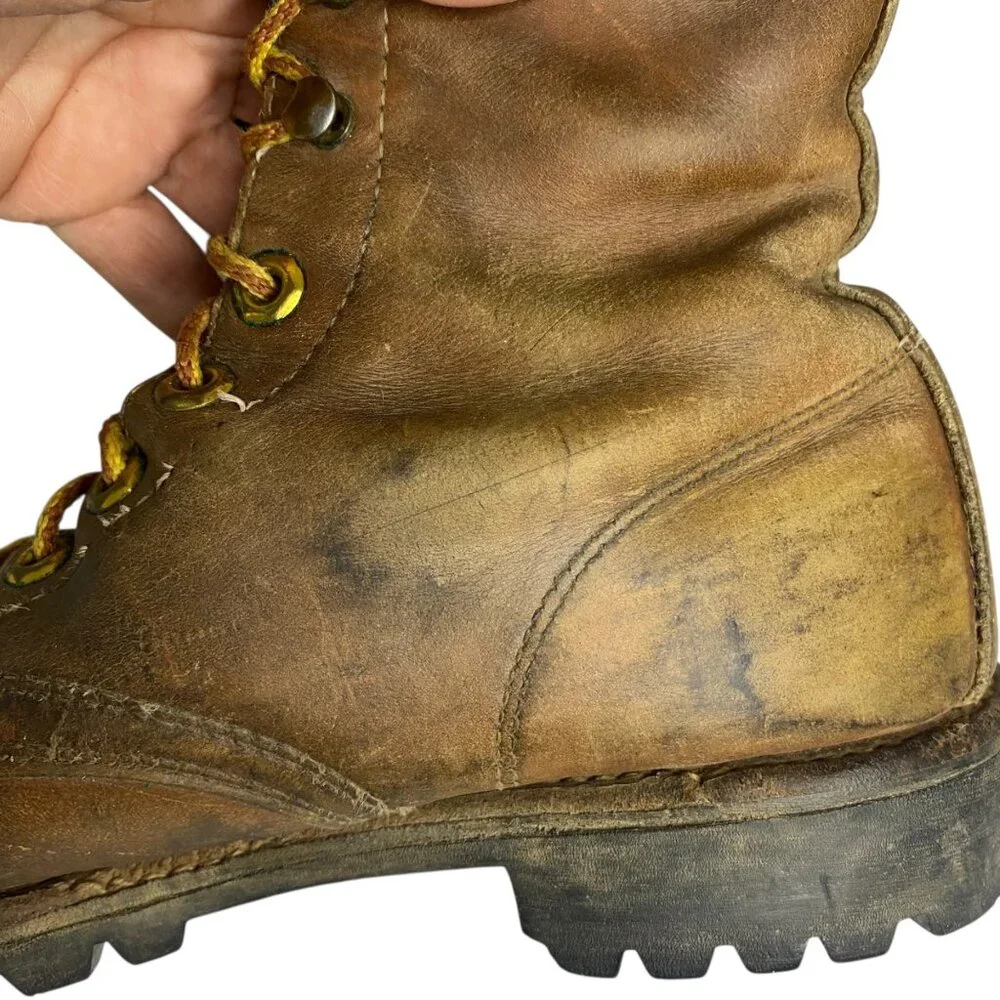 Vintage Herman Leather Work Boots Brown Lace-Up Men‎ Vibram Lug Sole 7-7.5 USA